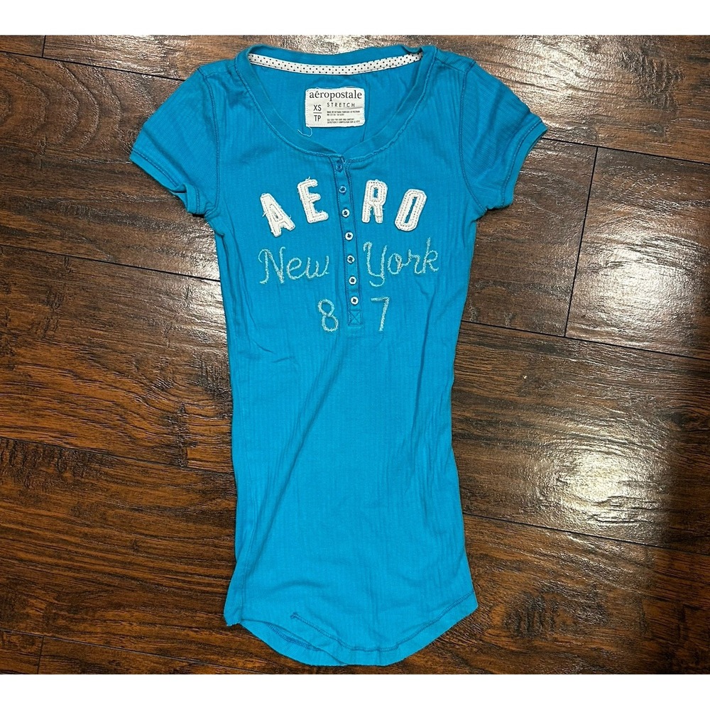 Vintage Y2K Aeropostale Short Sleeve Ribbed Henley Tee, Women's Size XS, Stretch